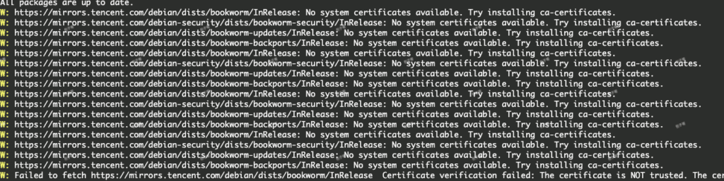 debian apt update 提示 No system certificates available. Try installing ca-certificates.